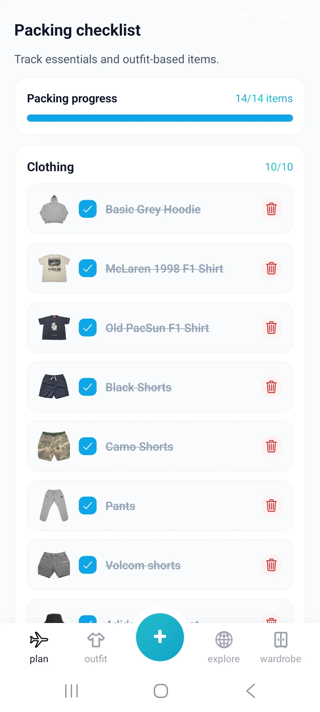 StyleStreak packing checklist and trip planning screen