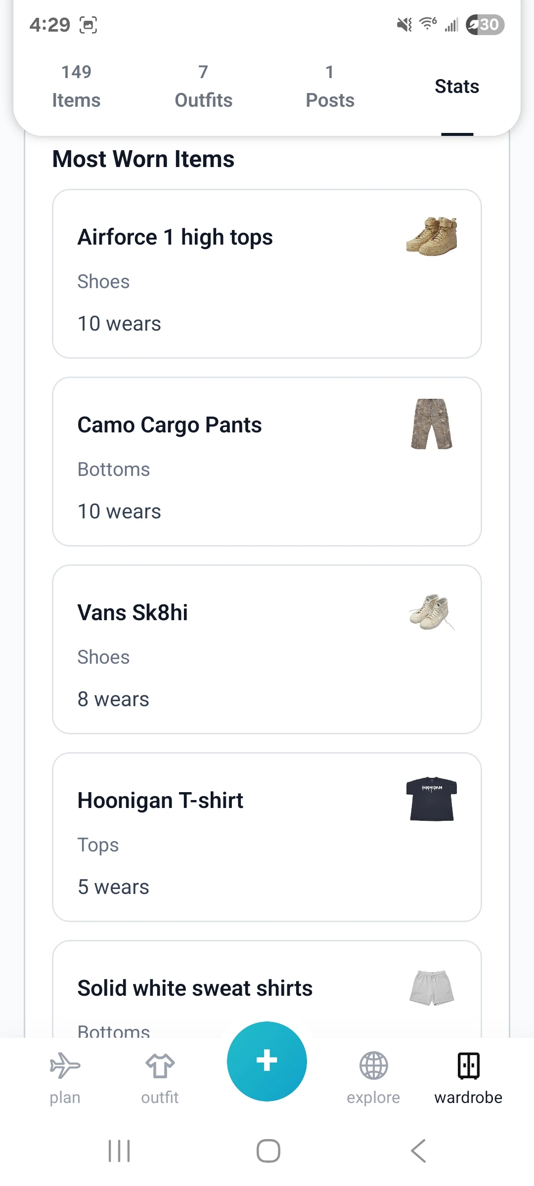 StyleStreak most worn items stats screen