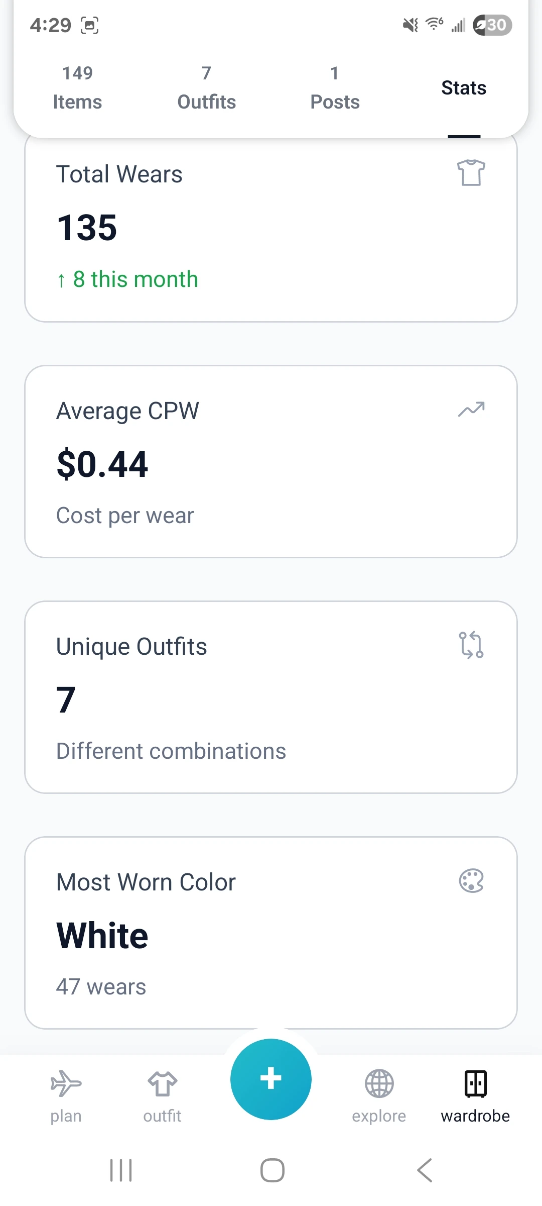 StyleStreak wardrobe stats screen